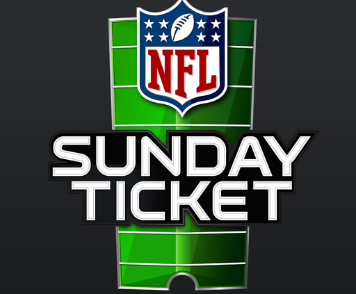 NFL Sunday Ticket logo on a green football field background